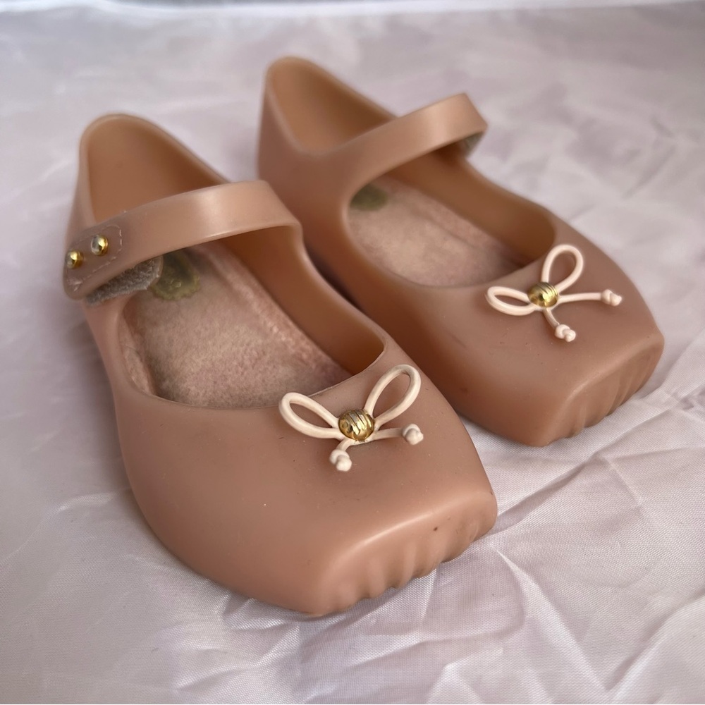 Mini Melissa Nude Pink Jelly Mary Jane Flats Bow Gold Toddler Shoes